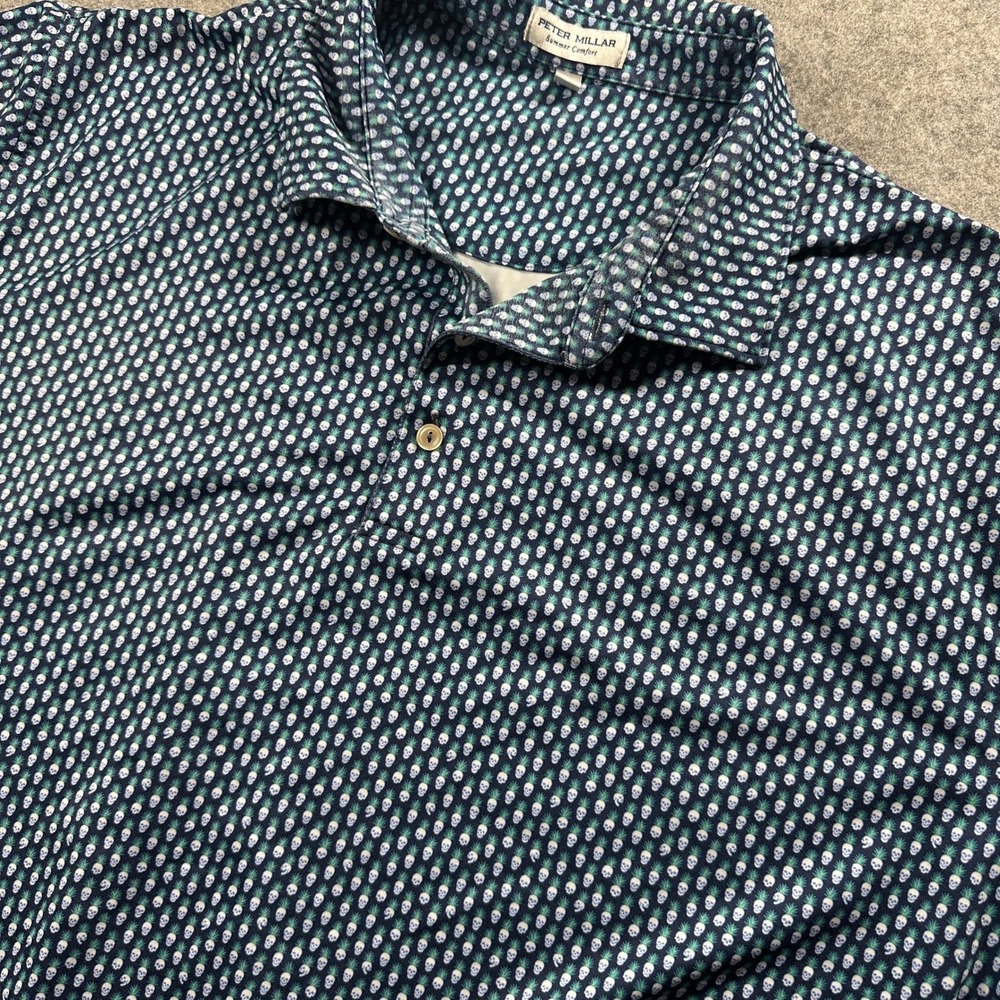 Peter Millar Polo Shirt Mens XL Blue Skull Pineapple Summer Comfort Performance
